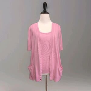 Talbots 2 Piece Sweater Set Cardigan Tank Button Front Light Pink Med Petite
